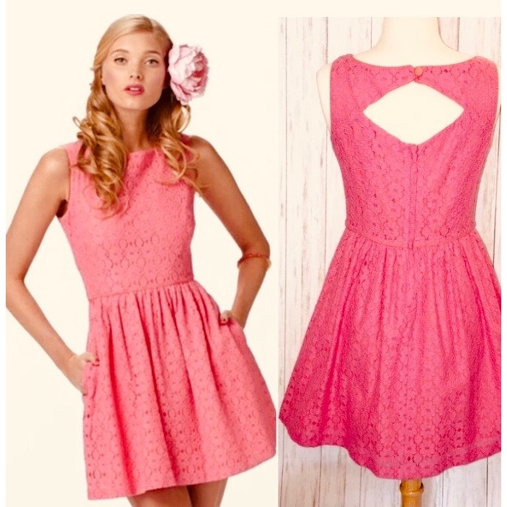 Lilly Pulitzer Pink Floral Lace Cutout Back Fit‎ and Flare Dress Pockets size xs